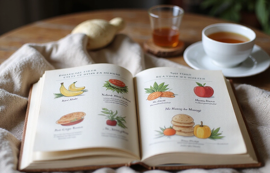 Otwarta książka z ilustracjami zdrowej żywności, w przytulnej atmosferze