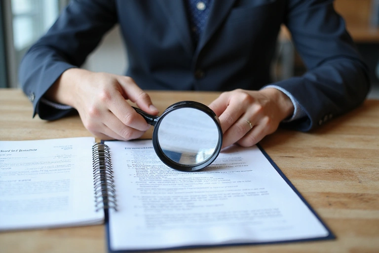 Osoba czytająca dokumenty prawne z lupą, symbolizująca szczegółową analizę danych